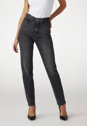 Zwart denim met hoge taille, met een klassieke fit, twee voorzakken en een knoopsluiting, met een gladde textuur en subtiele vervaging.