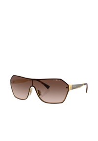 Occhiali da sole con gradiente marrone, dalla forma geometrica, montatura in plastica tartarugata e dettagli in tonalità oro. Presentano lenti prominenti e branding ben visibile.