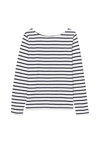 Langarmshirt in wit met marineblauwe strepen, met een brede halslijn en een zachte stofstructuur. Klassiek ontwerp ideaal voor casual kleding.