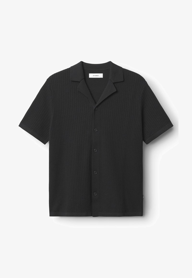 Schwarzes kurzärmeliges Hemd mit Knöpfen, aus strukturiertem Stoff mit Strickmuster, mit einem flachen Kragen und einem geraden Saum.
