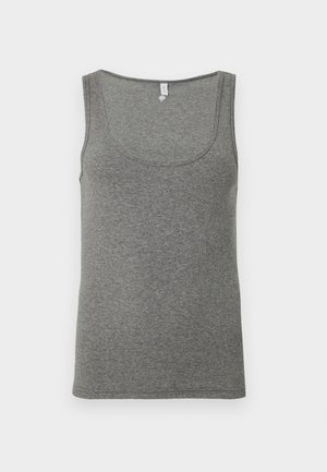 Siva rebrasta majica brez rokavov z okroglim izrezom, gladko teksturo in robom, ki se konča na dolžini bokov.