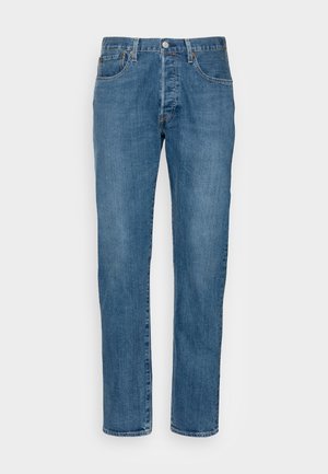 Blue denim jeans with a straight-leg cut, featuring five pockets, a button closure, and subtle fading for texture.