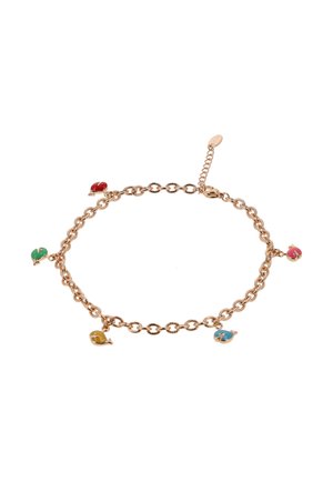 Kultainen ketjurannekoru, jossa on viisi pientä sydämenmuotoista riipusta punaisessa, vihreässä, keltaisessa, sinisessä ja vaaleanpunaisessa emalissa, kiinnitys liitinlukolla.