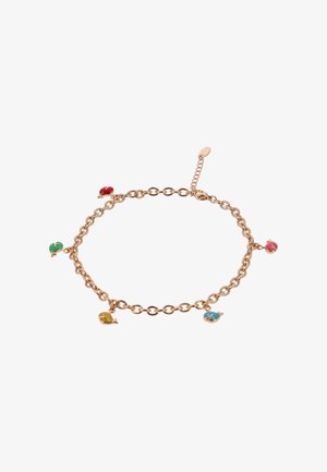 Guld kædearmbånd med fem små hjerteformede vedhæng i rød, grøn, gul, blå og pink emalje, lukning med hummerlås.