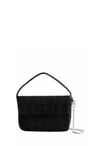 Black rectangular handbag with small studs covering the surface, short handle on top, and a silver chain strap attached on the side.