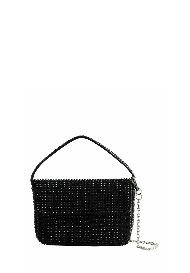 Black rectangular handbag with small studs covering the surface, short handle on top, and a silver chain strap attached on the side.