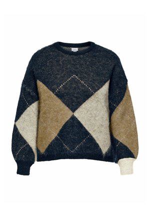Stickad tröja med rund halsringning, prydd med ett diamantmönster i marinblått, beige och kräm. Texturen är fluffig och mjuk.