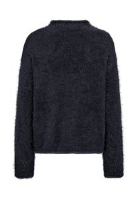 Donkerblauwe fuzzy trui met lange mouwen en een ronde halslijn. Zachte textuur, ontspannen pasvorm en geen zichtbare sluitingen op de rug.