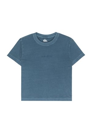 Blue cotton t-shirt with short sleeves, round neckline, and a subtle logo embossed on the front. Smooth texture and classic fit design.
