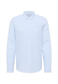 Camicia a maniche lunghe a righe azzurro chiaro e bianco con colletto button-down, caratterizzata da un piccolo logo e vestibilità classica. Materiale in cotone.