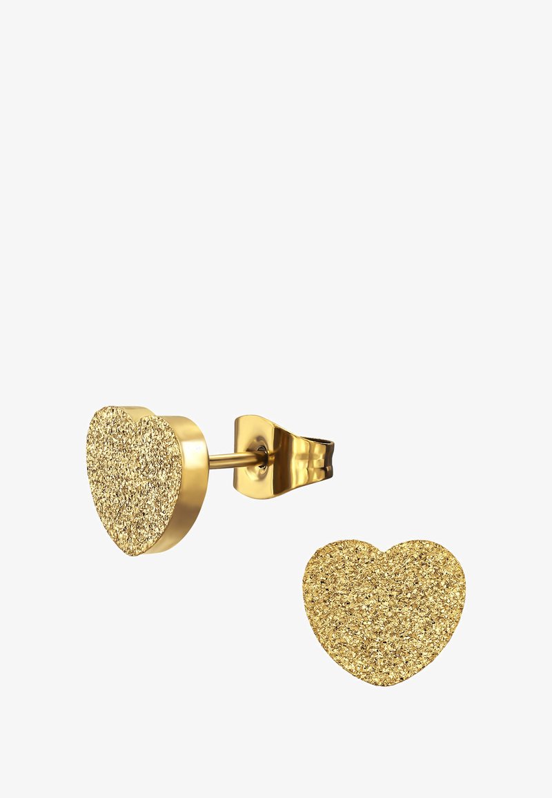 Orecchini a perno a forma di cuore in oro con una texture glitterata. Presentano un retro in metallo lucido, forme arrotondate e dimensioni ridotte.