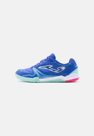 Blue low-top sports shoe with white logo, light green sole, pink heel tip, and mesh fabric panels on a white background.