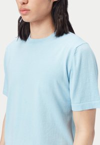 Ljusblå bomulls-T-shirt med korta ärmar och rund halsringning. Mjuk, jämn textur, utan mönster eller prydnader. Standardpassform.