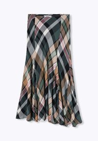 Jupe évasée à carreaux en vert, marron, gris et noir. Fabriquée dans un tissu texturé avec un design superposé et un ourlet qui s'évasent vers l'extérieur.