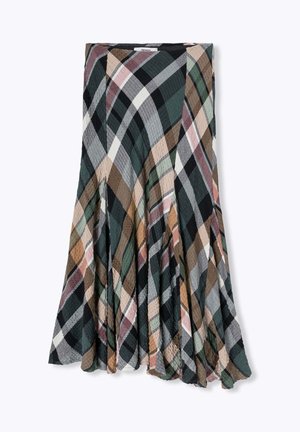 Jupe évasée à carreaux en vert, marron, gris et noir. Fabriquée dans un tissu texturé avec un design superposé et un ourlet qui s'évasent vers l'extérieur.