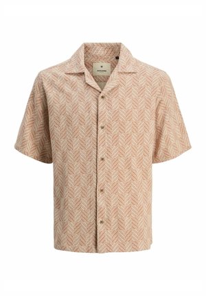 Camicia a maniche corte in un tessuto intrecciato con un motivo a spina di pesce beige e ruggine, con colletto e chiusura a bottoni frontale.