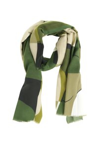 Sciarpa geometrica verde e beige realizzata in tessuto morbido, con varie sfumature di verde e bordi frangiati.
