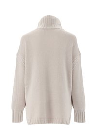 Hellbeige, übergroßer Strickpullover mit hohem Kragen, gerippten Bündchen und Saum, der ein strukturiertes, gewebtes Muster auf dem Stoff aufweist.