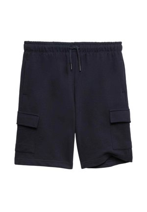 Marineblaue Cargo-Shorts mit elastischem Bund, Kordelzug, zwei Seitentaschen und zwei Klapptaschen an jedem Bein.
