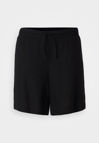 Shorts noirs en lin avec une taille élastique et un cordon de serrage, offrant une coupe décontractée et des poches latérales.