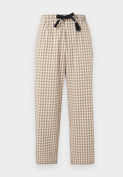 Pantalon à carreaux beige et marron avec taille élastique et cordon noir à nouer avec pompons, coupe droite.
