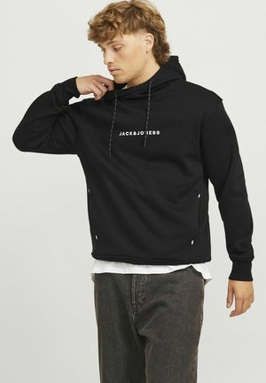 Black hooded sweatshirt with drawstrings, featuring a white logo and accent details. Made of soft fabric, designed for a relaxed fit.