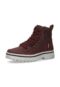 Burgunderfarbene High-Top-Stiefel aus Leder mit einem seitlichen Reißverschluss, dicker weißer Sohle mit schwarzen Akzenten und robusten Schnürsenkeln.