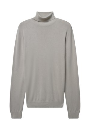 Maglione a collo alto grigio chiaro realizzato in un tessuto morbido, con maniche lunghe, polsini a coste e un design aderente con una texture liscia.