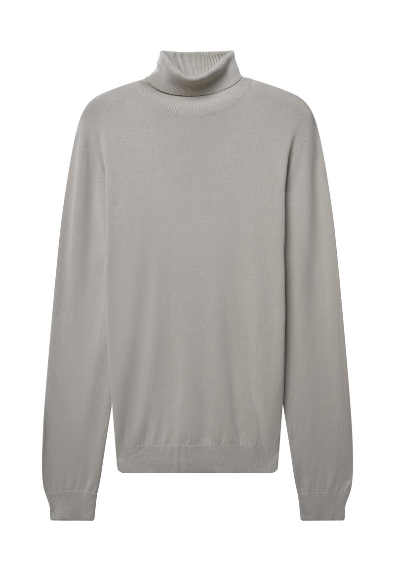Hellgrauer Rollkragenpullover aus weichem Stoff, mit langen Ärmeln, gerippten Bündchen und einer taillierten Passform mit glatter Textur.