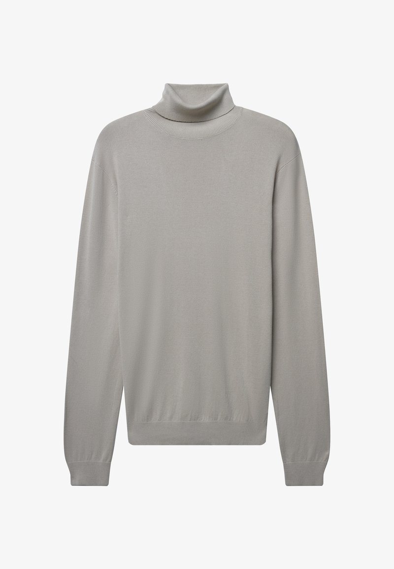 Pull à col roulé gris clair en tissu doux, avec des manches longues, des poignets côtelés et une coupe ajustée avec une texture lisse.