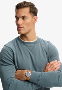 Sudadera azul de algodón con cuello redondo, puños acanalados y bordado con el logo. El modelo lleva un reloj de pulsera con correa de cuero marrón.