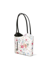 Geantă de umăr florală, realizată din material sintetic alb, cu modele colorate de flori, un detaliu cu fermoar negru și două mânere negre.