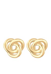 Cercei studs din aur, cu un nod împletit, având un finisaj neted și lucios, cu margini rotunjite și un design compact.