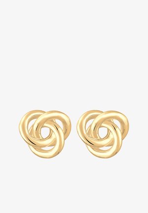 Kultaiset, toisiinsa kietoutuneet nappikorvakorut, joissa on sileä, kiiltävä pinta pyöreillä reunoilla ja kompakti muotoilu.