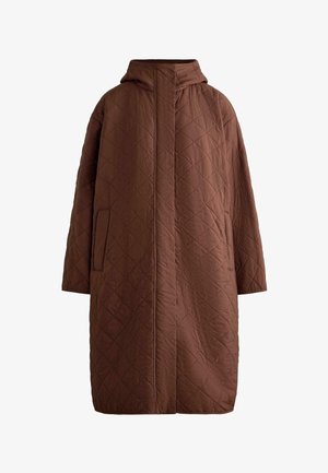 Brown quilted long hooded coat with hidden front closure and side pockets, designed for cold weather.