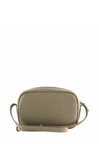 Beige Leder-Umhängetasche mit abgerundeter Form, Reißverschluss und verstellbarem Riemen. Strukturierte Oberfläche mit dezenten Narben-Details.