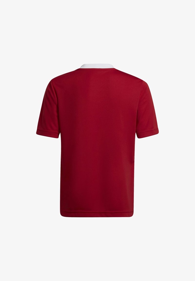 Rotes Polo-Shirt mit kurzen Ärmeln und weißem Kragen. Die Rückansicht zeigt einen glatten, leichten Stoff mit einem schlichten Design und ohne sichtbare Muster.