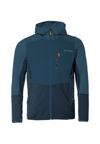 Giacca a vento con cappuccio da uomo in blu scuro con tessuto testurizzato. Presenta pannelli lisci a contrasto, tasca sul petto con zip e polsini elastici.