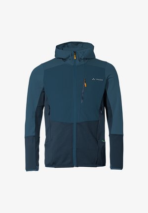 Veste à capuche pour homme en bleu foncé avec un tissu texturé. Comprend des panneaux lisses contrastants, une poche zippée sur la poitrine et des poignets élastiques.