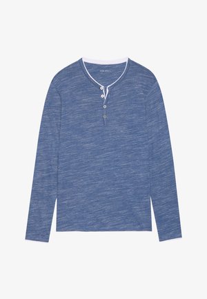 Long-sleeve henley shirt in blue heathered fabric with a white collar and three-button placket, featuring a relaxed fit and soft texture.