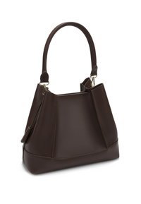 Borsa sintetica marrone con una forma strutturata, due manici superiori, hardware in tonalità oro e una texture liscia. Ideale per l'uso quotidiano.