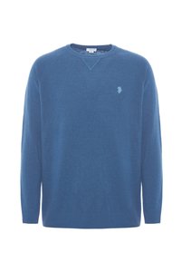 Pullover blu a girocollo realizzato in un morbido materiale testurizzato. Presenta polsini e orlo a coste, con un piccolo logo ricamato sul petto.