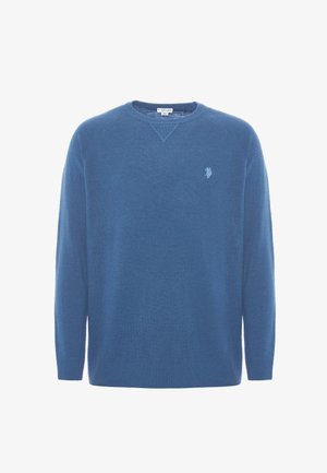 Pullover blu a girocollo realizzato in un morbido materiale testurizzato. Presenta polsini e orlo a coste, con un piccolo logo ricamato sul petto.