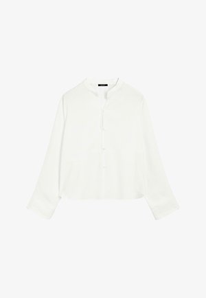 White long-sleeve button-up shirt with a short mandarin collar and a slightly cropped hem.