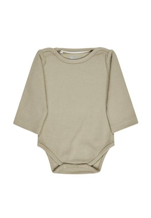 Long-sleeve baby bodysuit in light beige, made of ribbed fabric. Features a rounded neckline and snap closures at the bottom.