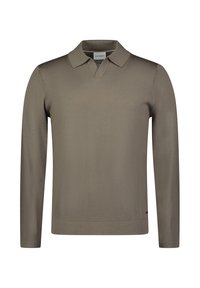 Langarm-Polo aus taupefarbenem Stoff mit einem flachen Kragen und einer lockeren Passform. Verfügt über ein Seitentag und eine glatte Textur ohne Muster oder Verzierungen.