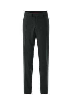 Dark gray tailored men's trousers with front crease, waistband with button closure, and belt loops.