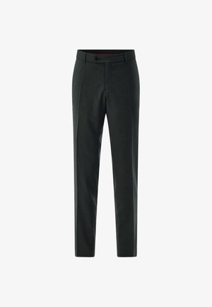 Dark gray tailored men's trousers with front crease, waistband with button closure, and belt loops.