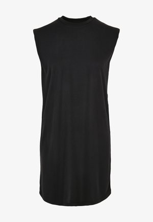 Fekete ujjatlan ruha sima anyagból. Kerek dekoltázzsal és laza szabással rendelkezik, a comb közepéig ér, egyenes szegéllyel.