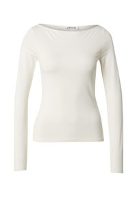 Witte lange mouwen top gemaakt van gladde, rekbare stof met een off-the-shoulder halslijn en een aansluitende silhoeet. Eenvoudig ontwerp.